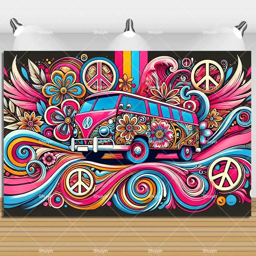Colorful Peace Love Retro Hippie Bus Dyed Backdrop Kids Birthday Party Decorations Bohemian Style Guitar Floral Photography Prop