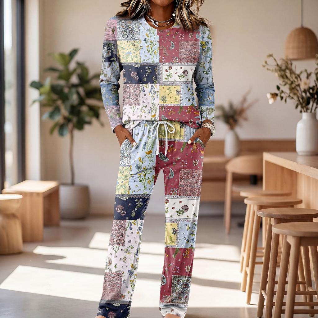 Conjunto de Pijama Casual para Mujer con Top de Cuello Manga Larga y Pantalones Anchos con Cordón para Dormir y