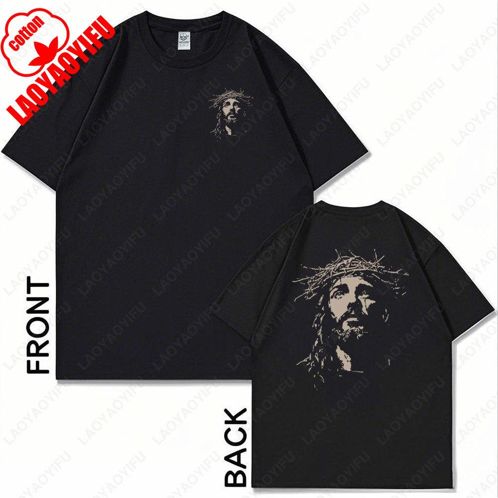 Jesus Vintage Face Graphic Tshirt Christian Religious O-neck Cotton Tee Men Women Gothic Rock Streetwear Aesthetic Harajuku Tops
