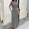 Women Crochet Knit Striped Maxi Dress Sleeveless Bodycon Long Dress Casual Chic Everyday Summer Dress