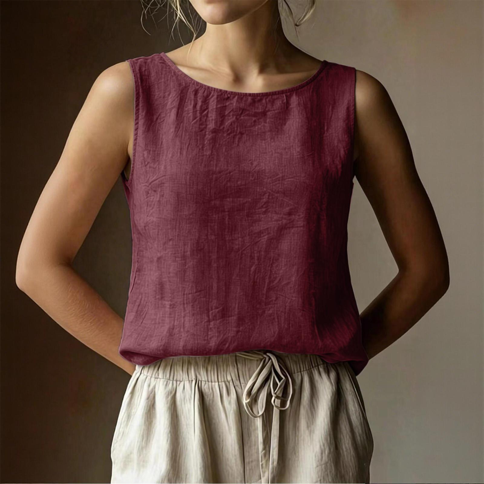 

Women Sleeveless Tank Top Loose Fit Casual Round Neck Cotton Linen Blouse Summer Lightweight Breathable Sleeveless Shirt XXL винний