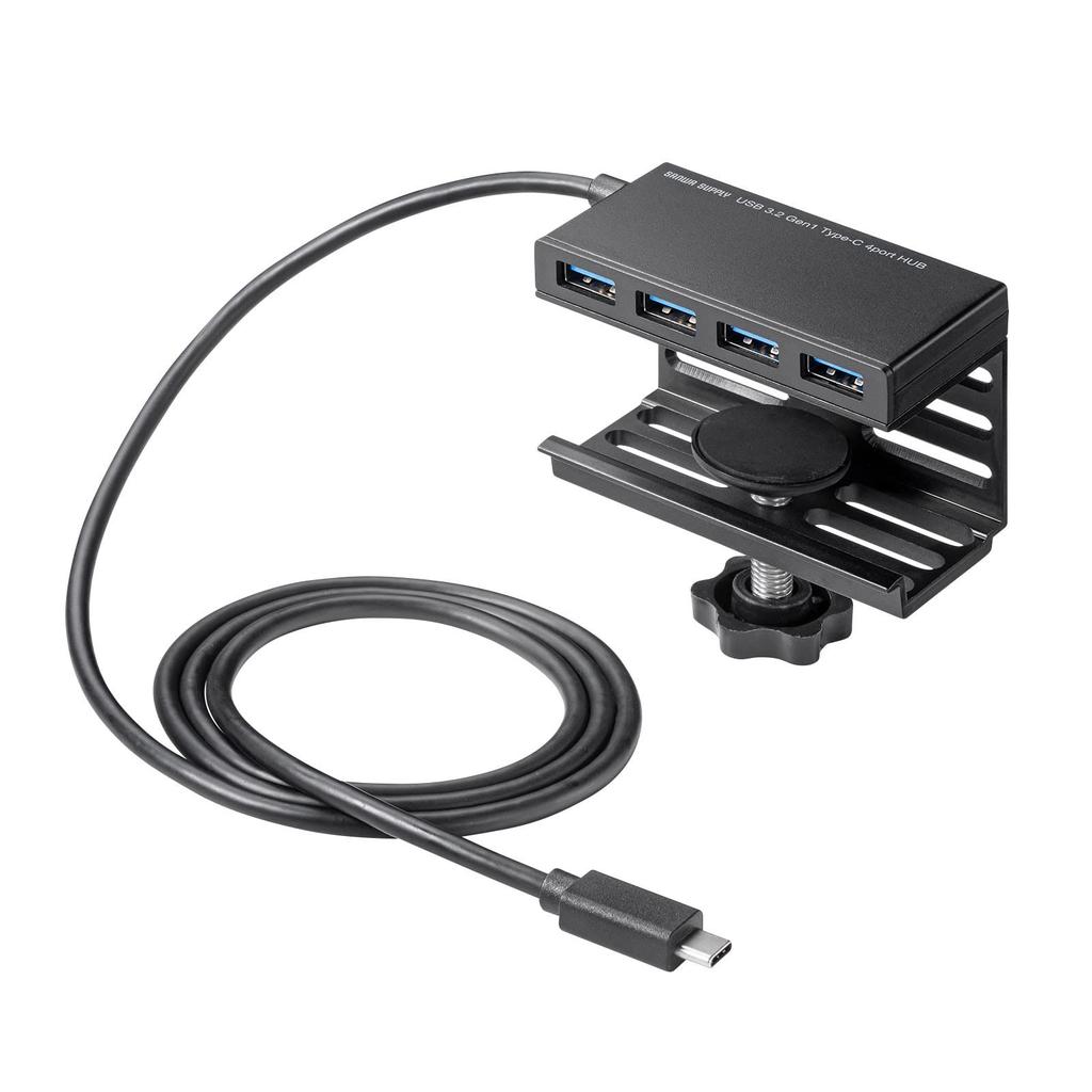 Sanwa Supply USB Gen 1 Clamp-Mounted 3.2 Type-C Hub, Black, USB-3TCH31BK