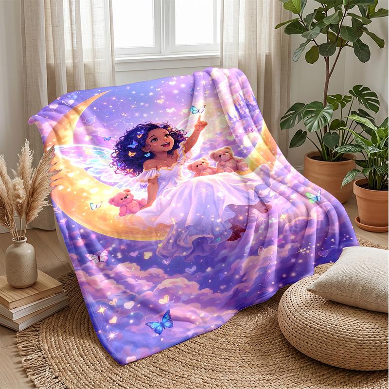 Fairy On Crescent Moon Theme Blanket Lightweight Warm Flannel Blanket Decorative Throw Blanket for Home Decoration