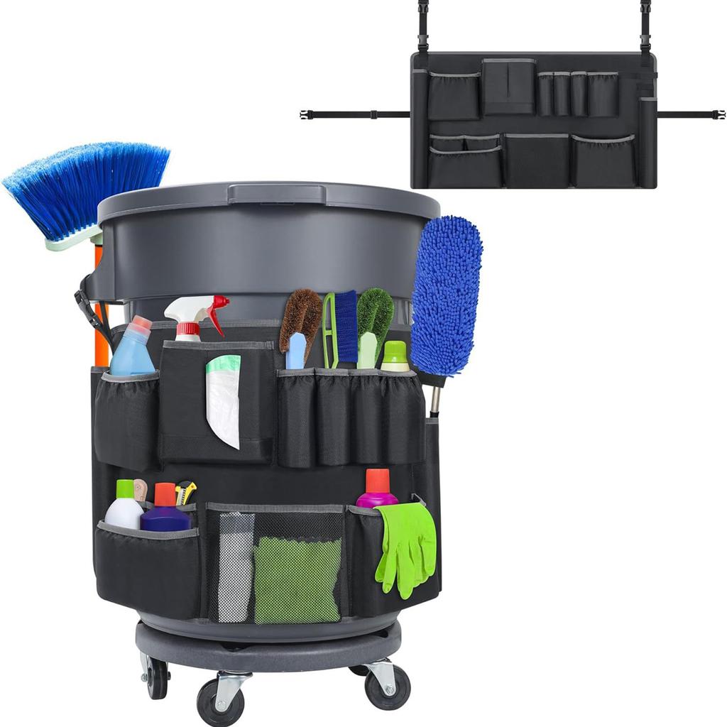 Cleaning Tool Storage Bag Adjustable Buckle Cleaning Supplies Organizer Bag Buckle-Type Hanging Bag for 32-55 Gallon Porch