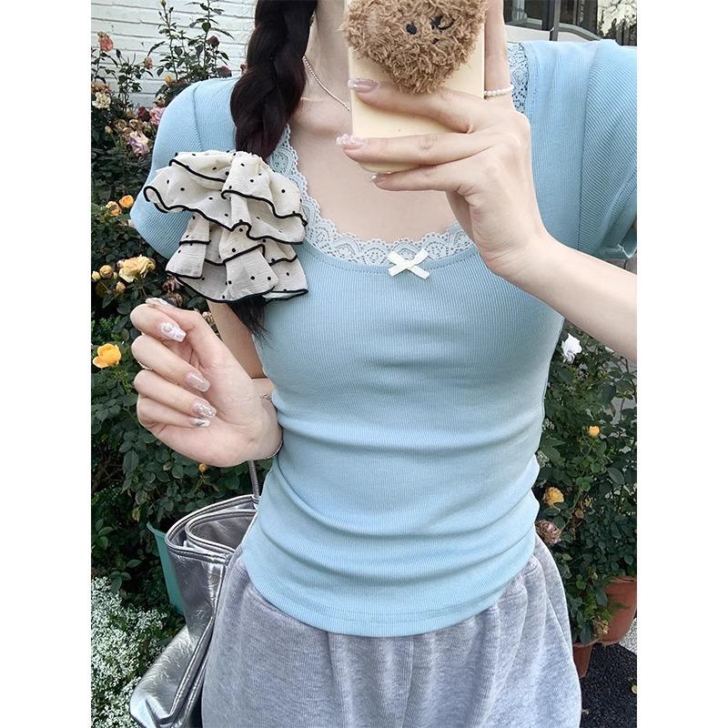 Dorință pură stil dulce și picant tricou cu mânecă scurtă cu dantelă cu fundă pentru femei vară subțiere și versatil top scurt șic