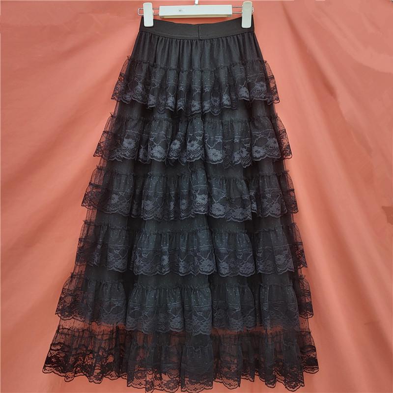Spring/Summer Women s High Waist Lace Trim Layered Midi Skirt: Slimming Mesh Cake Design, Sweet Temperament One Size чёрный