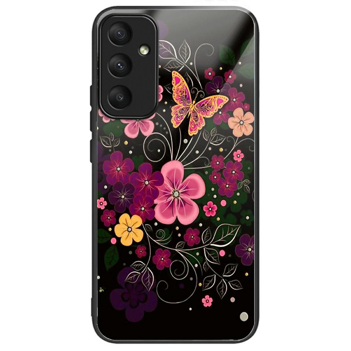 

For Samsung Galaxy S24 FE Case Tempered Glass TPU Drop-Proof Phone Cover Pattern Printing Flower and Butterfly