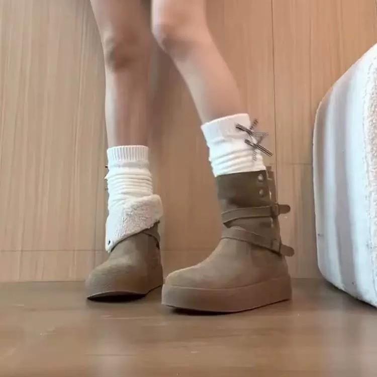 Thick-soled Outer Wear Velvet Snow Boots for Women's Autumn and Winter New Belt Buckle Non-slip Two Wear Heightening Western Boots Short Boots for 