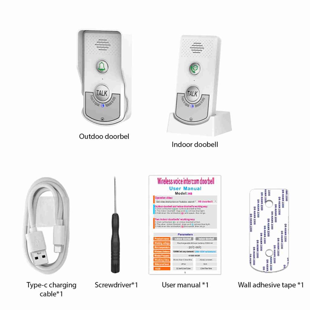 Wireless Doorbell Intercom Rechargeable Smart Intercom Doorbells for Home Real Time 3 Volume Levels 1000m 3280ft Long