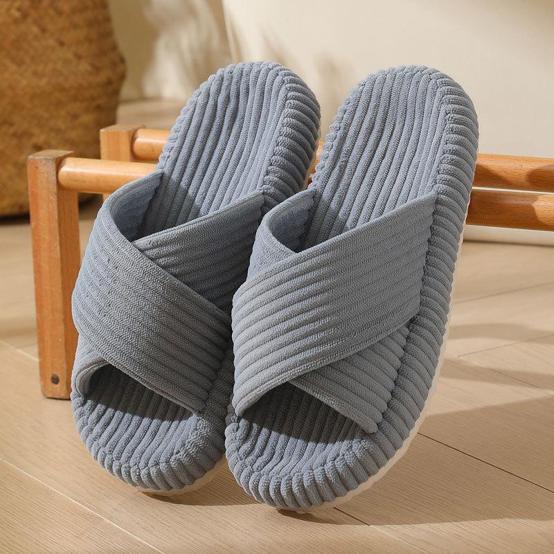 New corduroy thick-soled adhesive cotton slippers household autumn home indoor cross-pelvic sole shoes women