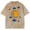 Mens Moon and Sun Printed Tshirt Oversized Short Sleeved Retro Washed Shirt Summer Top