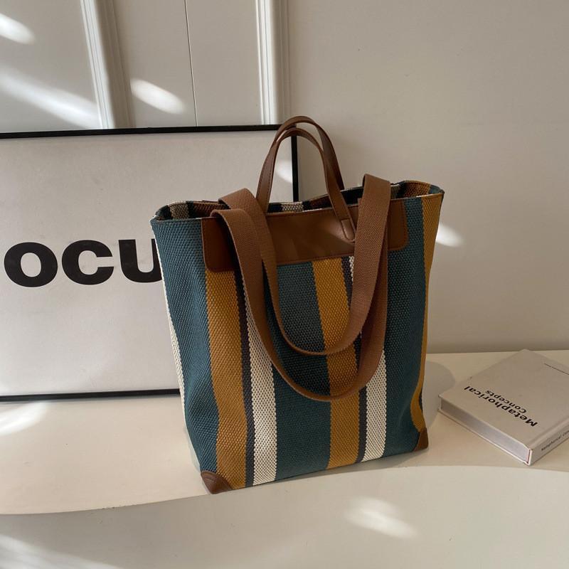 

Large Capacity Commuter Bag 2024 New Spring Striped Canvas Tote Casual Shoulder Bag Travel Handbag