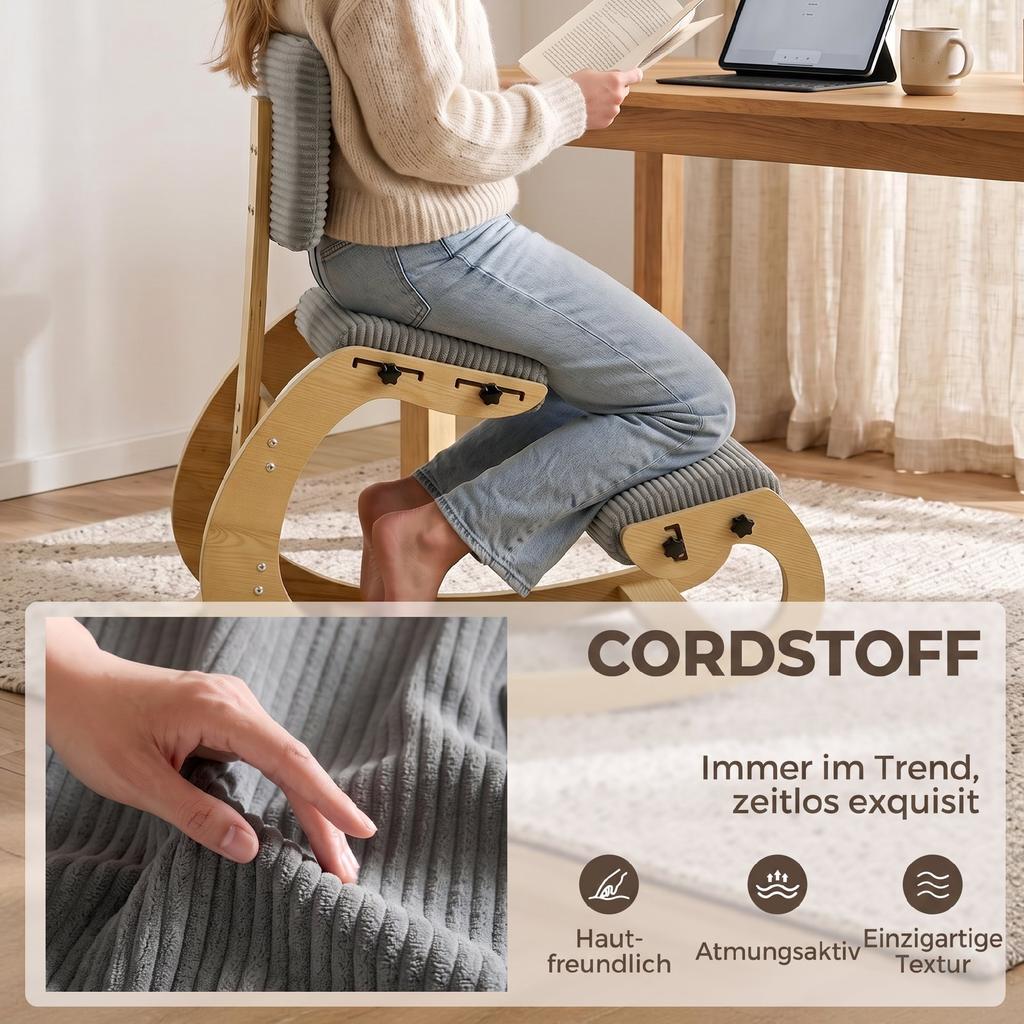 Ergonomic Kneeling Chair with Backrest, Corduroy Look, Grey