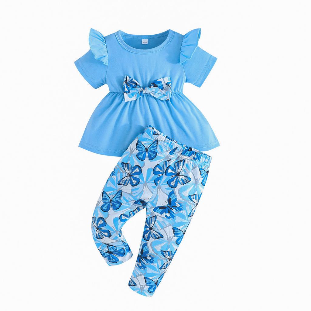 New Summer Baby Girl Flying Sleeve Solid Color Top + Butterfly Print Long Pants Two-Piece Set