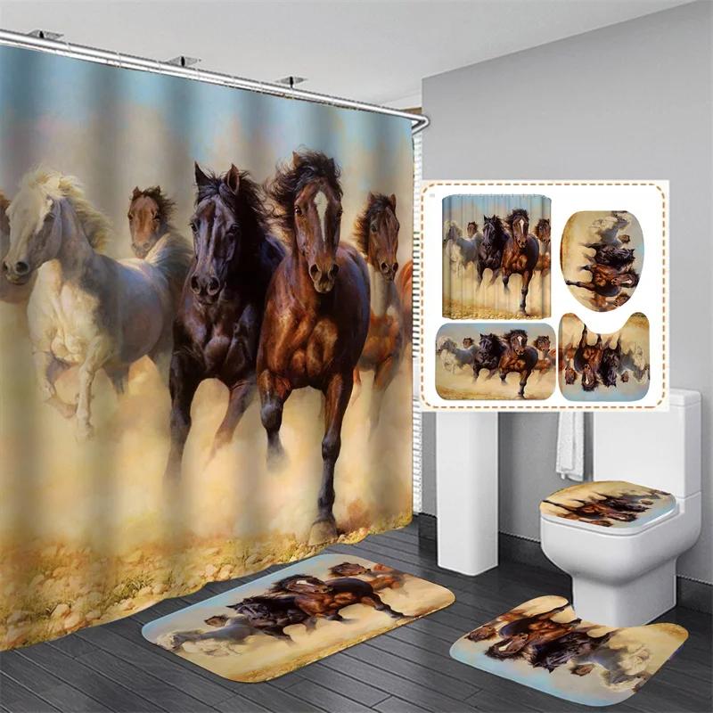 Horse Printed Shower Curtain Set Waterproof Bathroom With Hooks Sets And Rugs Home Decor