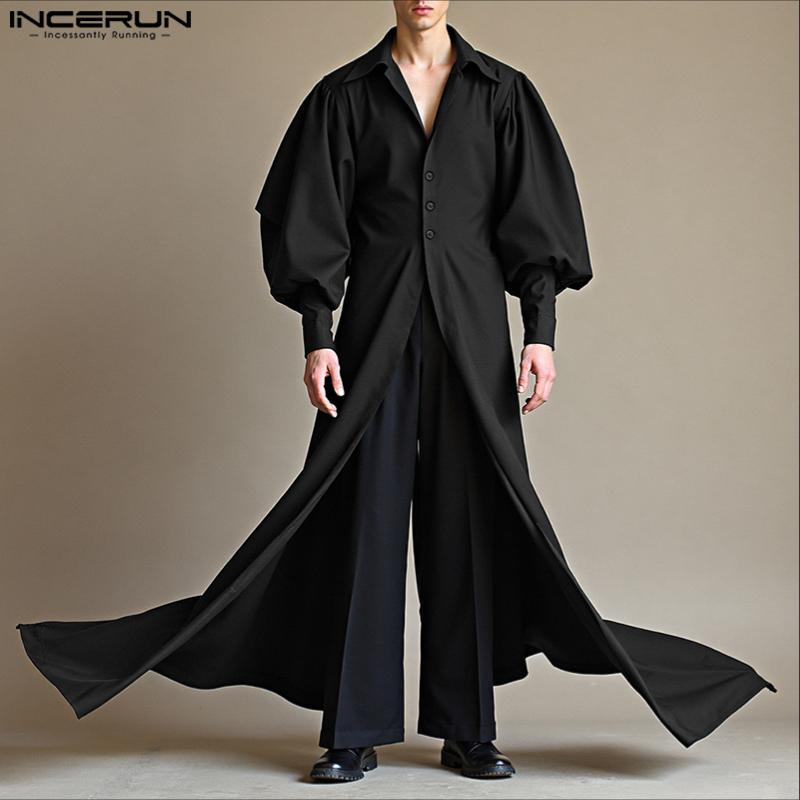 INCERUN Men Lapel Collar Long Puff Sleeve Buttons High Splits Long Shirts