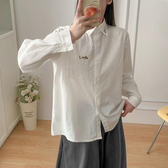 Women s Slim-Fit Embroidered White Long-Sleeve Casual Shirt M белый