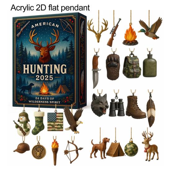 American Hunting Advent Calendar 2025 24 Days Christmas Countdown with 2D Hunting-Themed Surprises And Mini Survival Charms