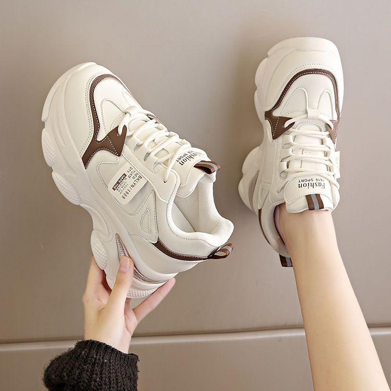 Chunky Platform Sneakers for Women Lace-Up Air Cushion Vulcanized Shoes Female Pu Leather Thick Bottom Non-Slip Sports Shoes