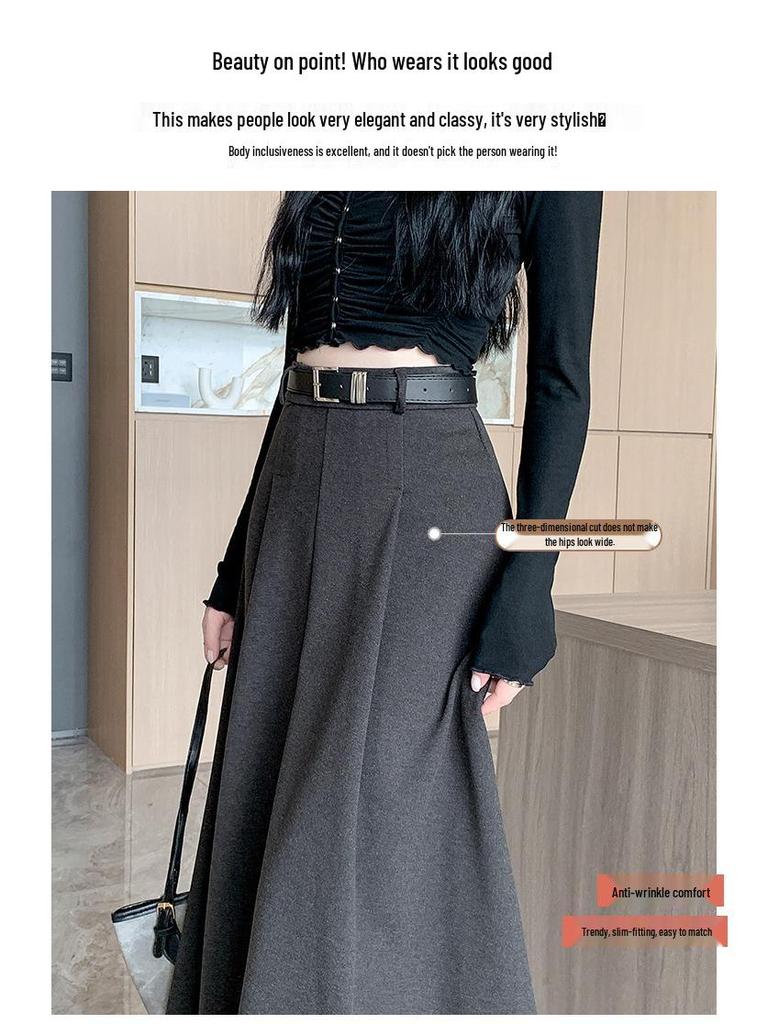 2025 Autumn/Winter Women's High-Waist Grey Wool Pleated Mid-Length A-Line Skirt