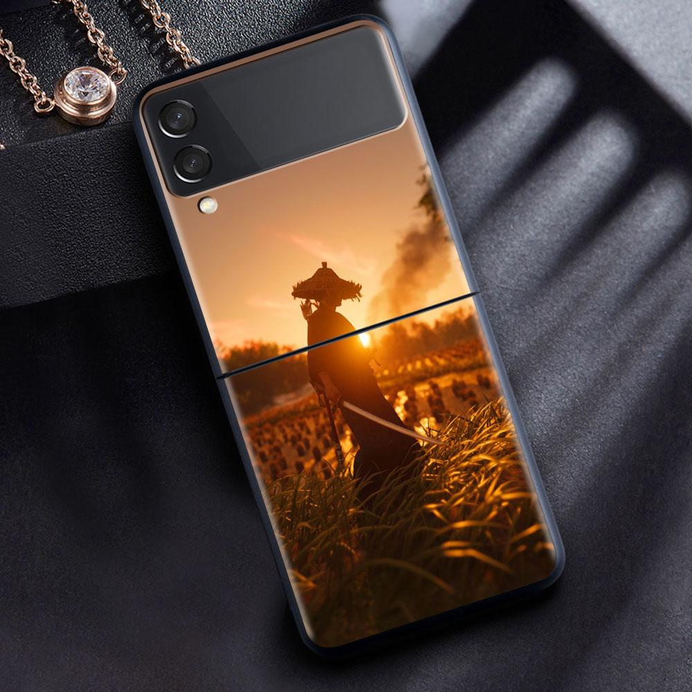 Case For Samsung Galaxy Z Flip 3 4 5G Black Hard PC Phone Housing Z Flip4 Segmented Cover Landscape Ink Painting Japan Samurai
