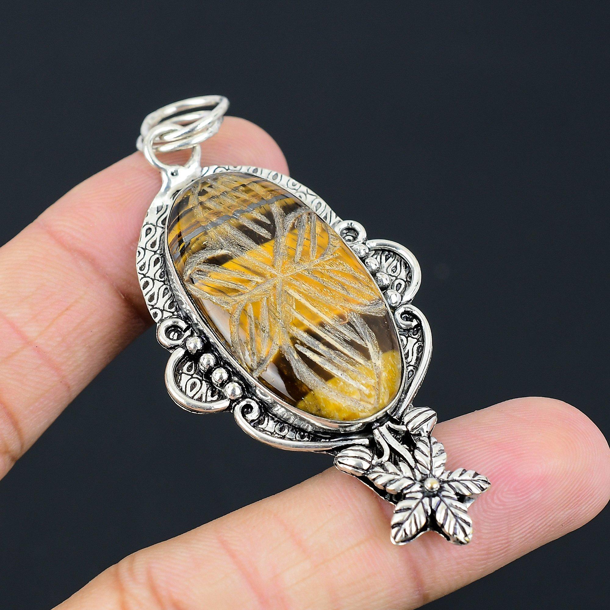 Birthday Gift For Her Natural Carved Tiger Eye Pendant Flower 925 Silver