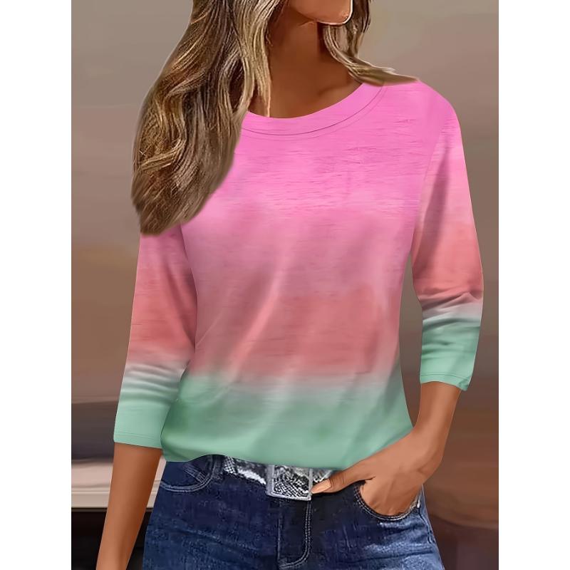 T-shirt À Manches Longues Et Col Rond Pour Femmes, Imprimé Dégradé En 3D, À La Mode, Hauts Réguliers, Vacances, Week-end, Printemps Et Automne