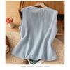 Women Off White Linen Sleeveless Vest Round Neck Front Ethnic Embroidery Open Front Loose Casual Waistcoat