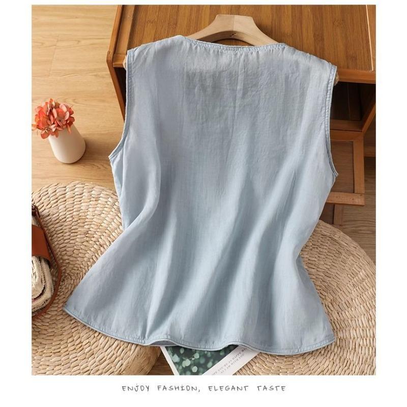 Women Off White Linen Sleeveless Vest Round Neck Front Ethnic Embroidery Open Front Loose Casual Waistcoat