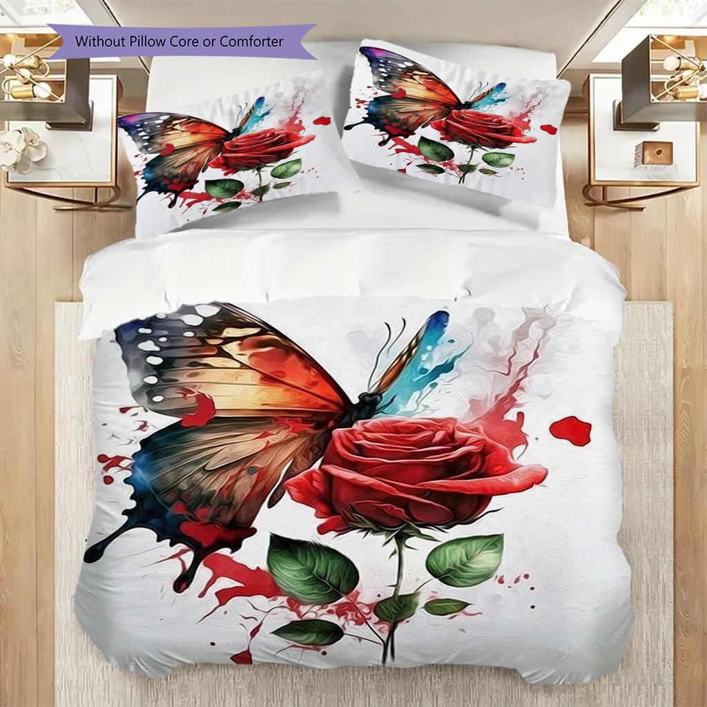 1PC Mariposas, flores Juego de Ropa de Cama Colcha Funda de Colcha Funda de Almohada Decoración del Hogar Regalo de Cumpleaños (1 * funda de edredón + 15 * funda de almohada, sin relleno)