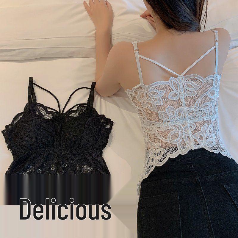 Bow Lace Strappy Tank with Chest Pads - Anti-Sagging Bandeau Lingerie for Women