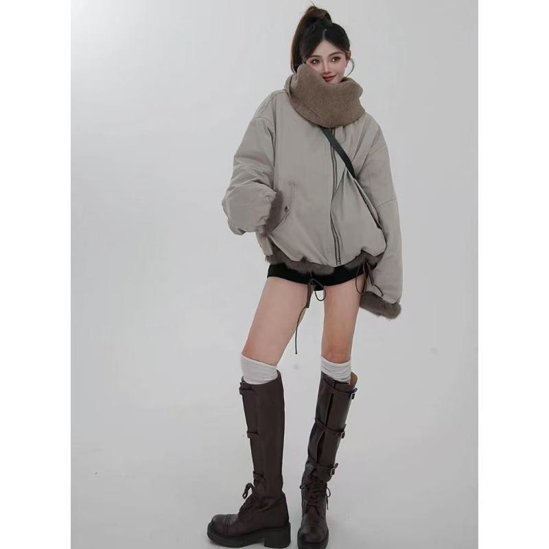 Women Stand Collar Short Workwear Faux Fur Lined Parka Jacket