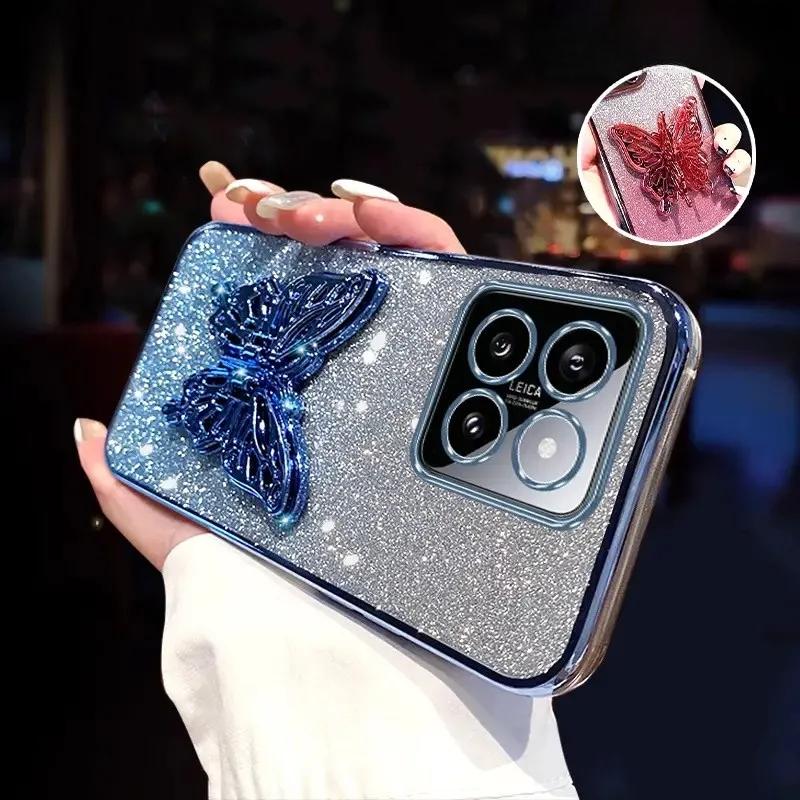 3D Butterfly Phone Holder Crystal Bracelet Glitter Plating Case for Xiaomi Mi 14 Ultra 13 12 11 Lite Pro Back Cover