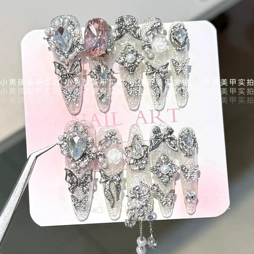 10Pcs Luxury Handmade Long Stiletto Press On Nails 3D Sparkling Diamond Bow Pearl Flower Full Cover Fake Nails