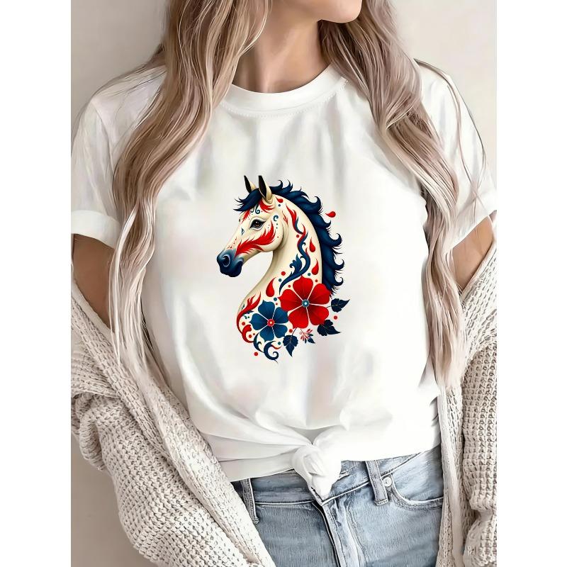 Wit T-shirt met Paard en Bloemenmotief voor Casual Kleding