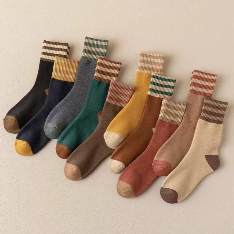 

10 Double Autumn Winter Women Thick Middle Tube Socks Comfortable Warm Fashionable Striped Casual Terry-Loop Socks One Size різнокольоровий