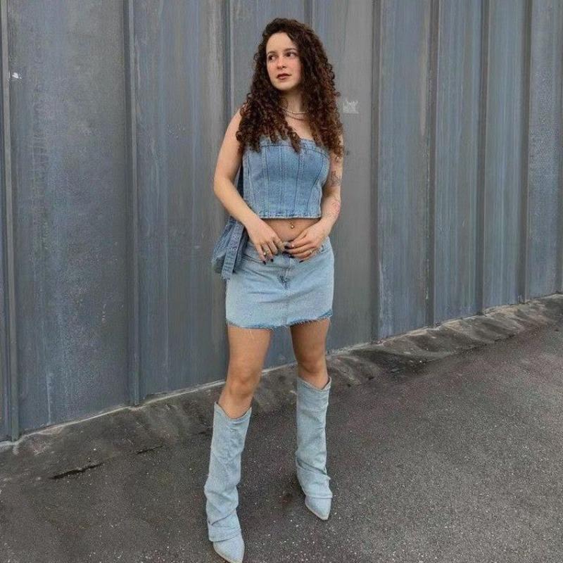 Women Pleats Blue Denim Thigh High Boots Autumn New Style Thick Heeled Pointed Toe Cowboy Boots Woman Slip On Western Long Boots