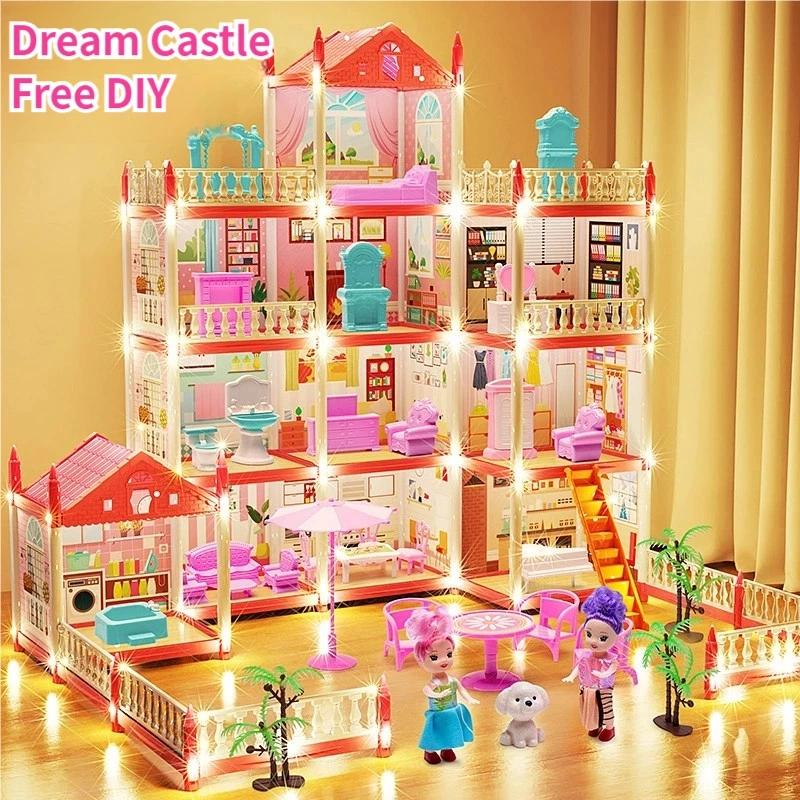 Casa de Bonecas Para Menina DIY Kit Grande Vila Montada Casa de Bonecas Brinquedos de Faz de Conta Presente
