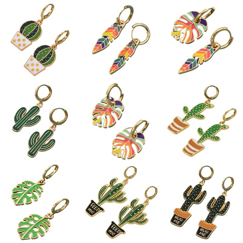 Green Cactus Rainbow Leaf Dangle Earrings for Women Girls Creative Fresh Enamel Metal Hoop Plant Earrings Female Jewelry Gift