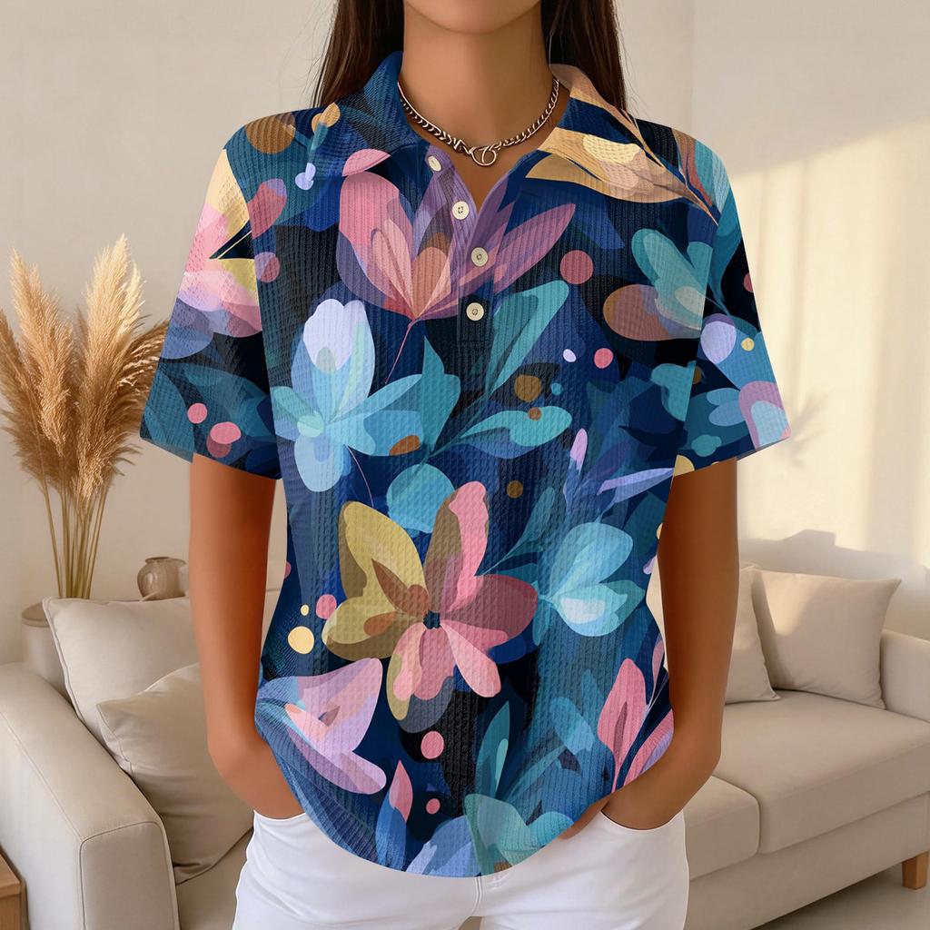 Women's Casual Short Sleeve Waffle Knit Polo Shirt Vintage Floral Print Button Down Collared Top Lightweight Breathable Fabric
