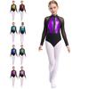 Figure Skating Leotard for Kids Girls: Full Shiny Rhinestones, Color Block Patchwork with Sheer Mesh Long Sleeves & Keyhole Back