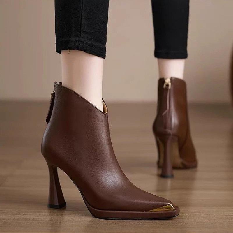 Fashion 2025 Versatile French Metal Pointed Toe Booties Women's Fall/Winter New High Heel Block Heel Skinny Boots