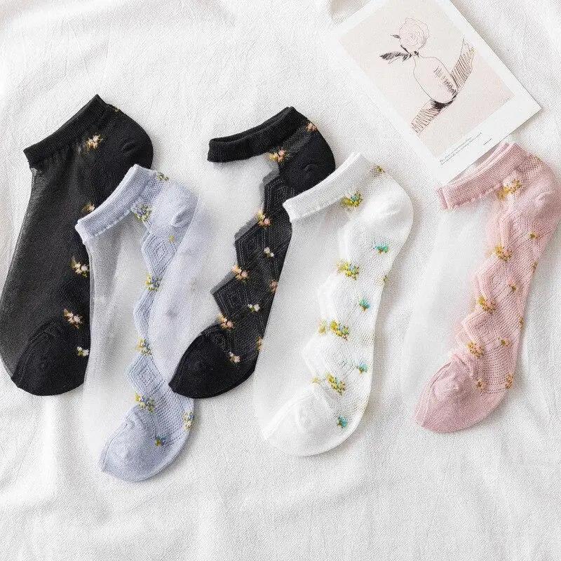 1 Stück Damenmode Sommer Glasstrümpfe Damen Dünne Strümpfe Kleine Blumenkarte Seidensocken Transparente Farbe Baumwollsocken