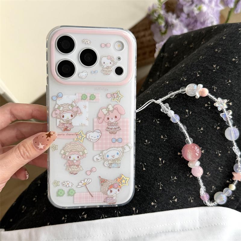 Cute HelloKitty Characters Clear Phone Case For iPhone 17 16 15 14 Pro Max Kawaii Pink Beaded Wrist Strap Protective Cover for G
