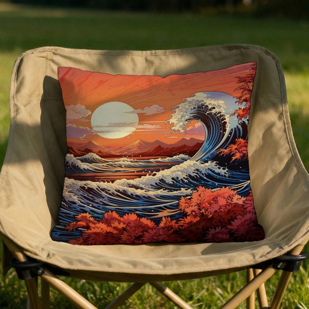 Japanese Waves Cushion Cover Soft Reversible  Durable Pillow Cover  MultiScene Use for Home  Car Daily Comfort
