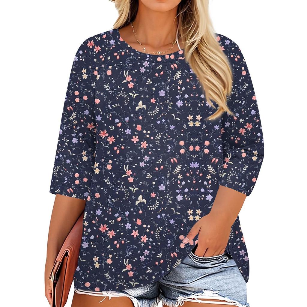 Women's Fashion Casual Print Round Neck 3/4 Sleeve T-Shirt Top