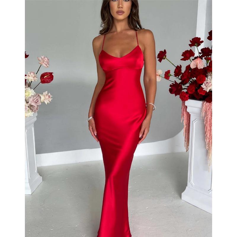 Elegant Women Satin Spaghetti Strap Maxi Dress V Neck Bodycon Sleeveless Backless Bandage Dress Formal Evening Party Gown for Women