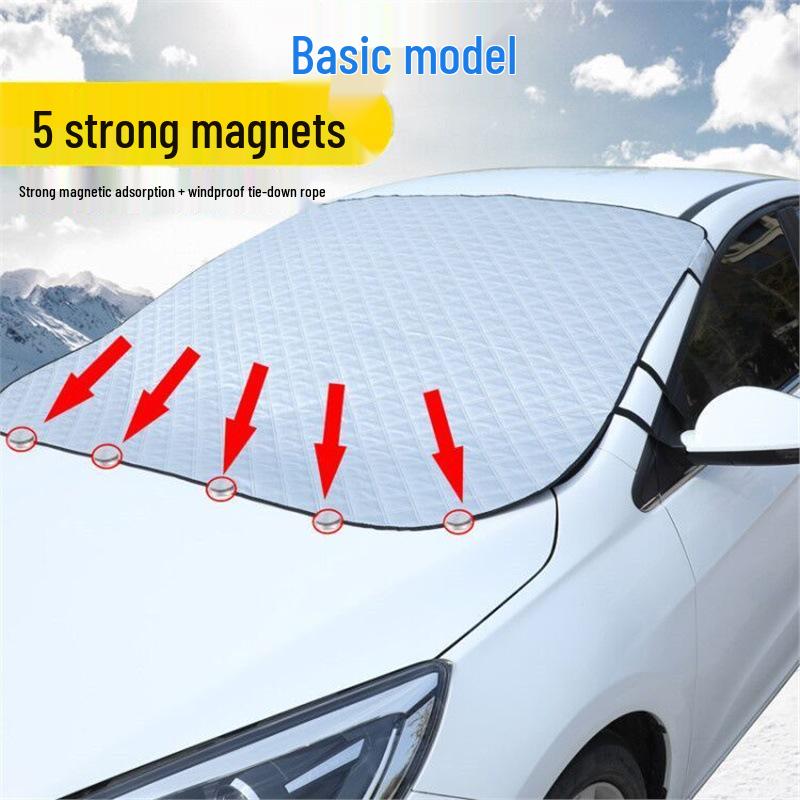 Winter Thickened Car Snow Windshield Cover: Frost & Freeze Protection for Windows Basic: Strong Magnetic with Windproof Strap