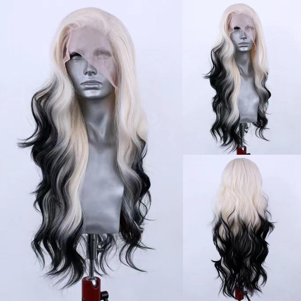 Perucă AIMEYA Ombre Sintetică cu Dantelă în Partea din Față pentru Femei Perucă Sintetică Platina Neagră pentru Utilizare Zilnică Costum Cosplay Perucă de Petrecere