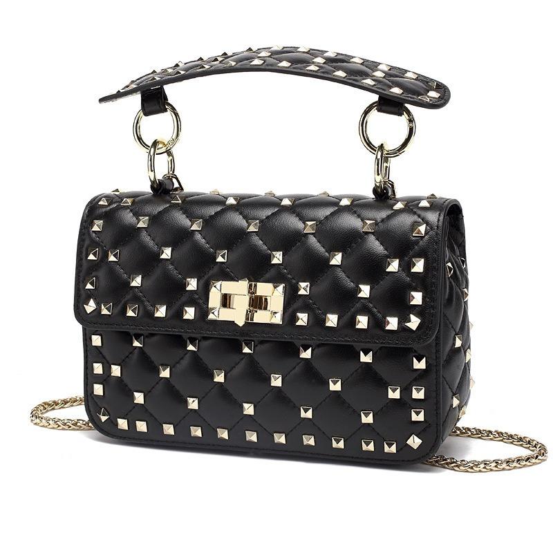 Borsa a tracolla quadrata piccola Xiaoxiangfeng con catena e rivetti, borsa a mano in pelle di pecora, borsa da donna a spalla singola con patta in pelle, best-seller